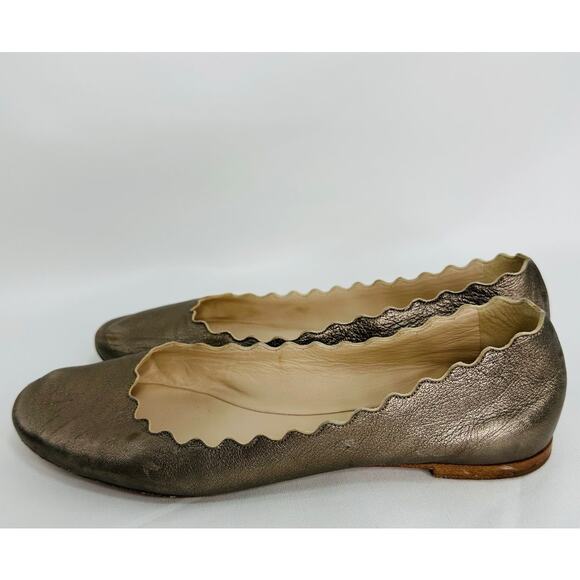 Chloé Lauren Scalloped Metallic Leather Ballerina Flats Gold Size 38 / 8 - Picture 4 of 9